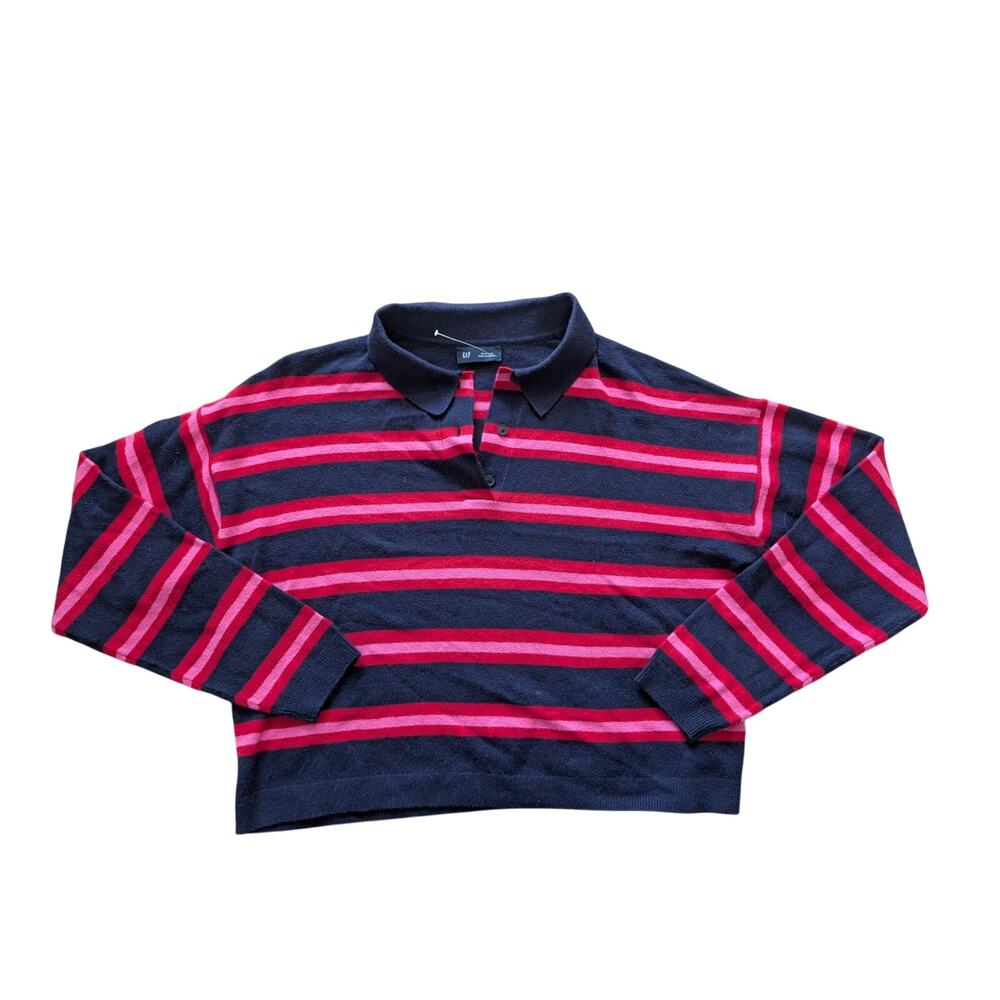 GAP Women’s Navy Pink Striped Cotton Rugby Polo Pullover knit Sweatshirt Medium